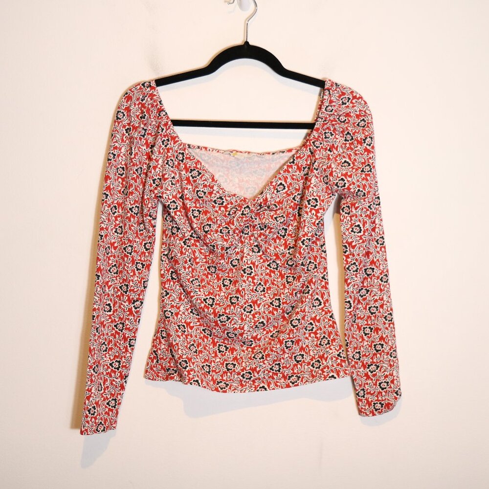 Boden Sweetheart Jersey Floral Long Sleeve Top‎ Womens 6 Red Twist Stretch